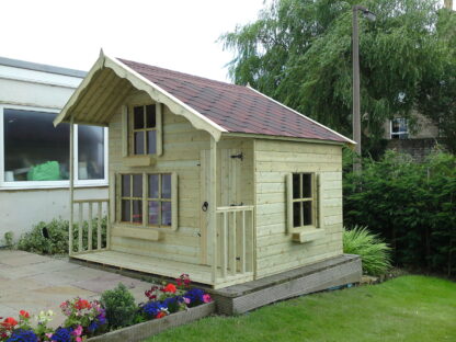 This picture shows a Poppy Cottage Playhouse with an additional veranda