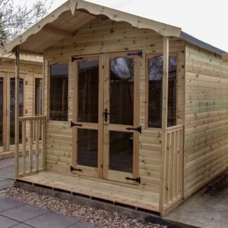 This image shown is a Sherwood Summerhouse with an additional veranda.